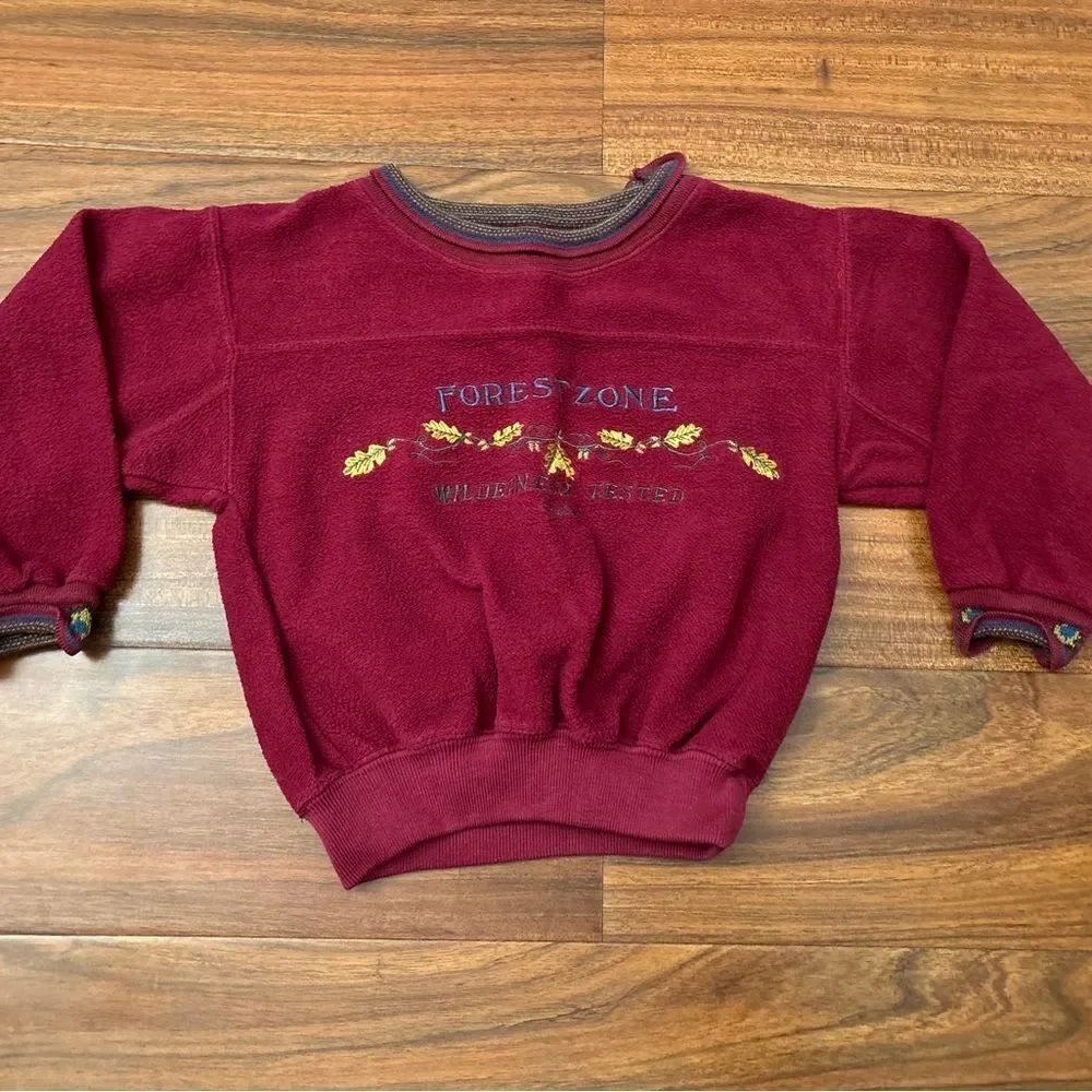 Gap vintage maroon “Forest Zone Wilderness Tested” fleece crewneck sweatshirt